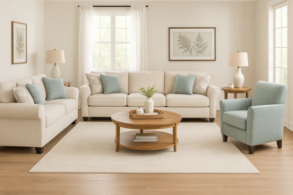 Camachos Furniture Modern 4-Piece Living Room Furniture Set with Sofa, Loveseat & Accent Chair - Cream & Light Blue