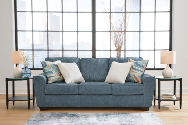 Modern Blue Fabric Sofa with Accent Pillows, 87" Wide Living Room Couch