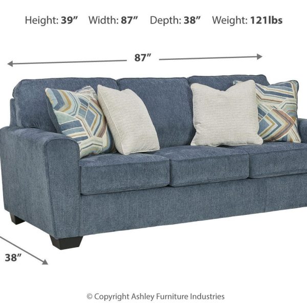 Modern Blue Fabric Sofa with Accent Pillows, 87 Wide Living Room Couch (4)