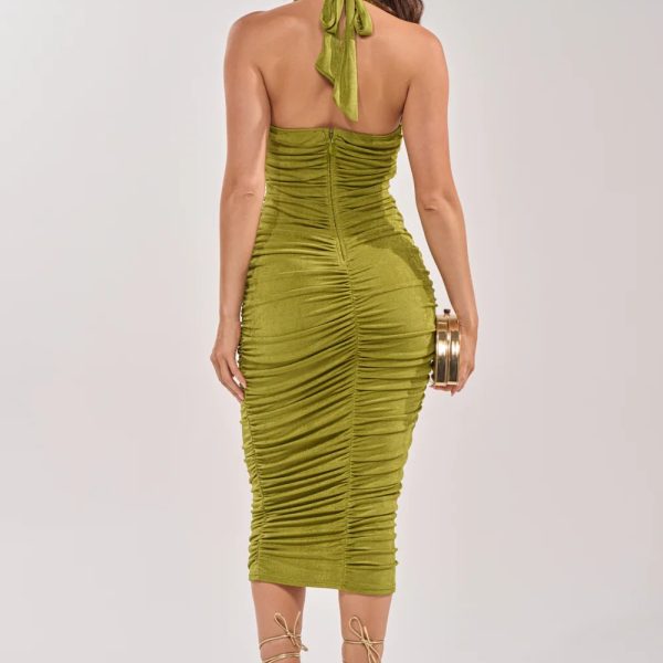 Women’s Olive Green Ruched Halter Neck Midi Dress Slim Fit Elegant Party Dress (3)