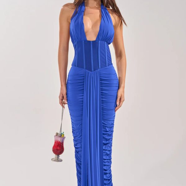 Women’s Royal Blue Ruched Halter Neck Maxi Dress Elegant Slim Fit Evening Dress (3)